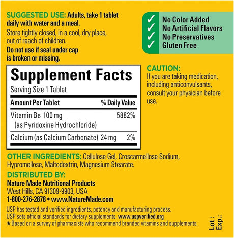 NATURE MADE - Nature Made Vitamin B6 100Mg. 100 Tabletas - The Red Vitamin MX - Suplementos Alimenticios - {{ shop.shopifyCountryName }}