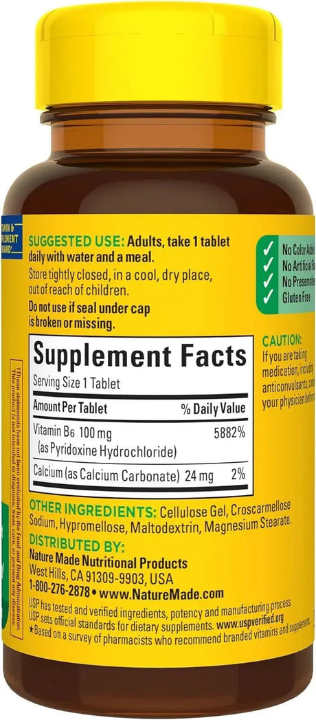 NATURE MADE - Nature Made Vitamin B6 100Mg. 100 Tabletas - The Red Vitamin MX - Suplementos Alimenticios - {{ shop.shopifyCountryName }}