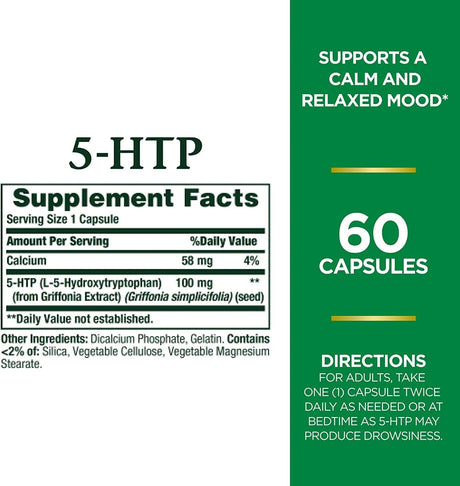 NATURE'S BOUNTY - Nature's Bounty 5-HTP Pills and Dietary Supplement 100Mg. 60 Capsulas - The Red Vitamin MX - Suplementos Alimenticios - {{ shop.shopifyCountryName }}