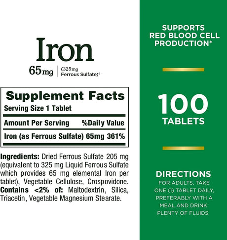 NATURE'S BOUNTY - Nature’s Bounty Iron 65Mg. Ferrous Sulfate 325Mg. 100 Tabletas - The Red Vitamin MX - Suplementos Alimenticios - {{ shop.shopifyCountryName }}