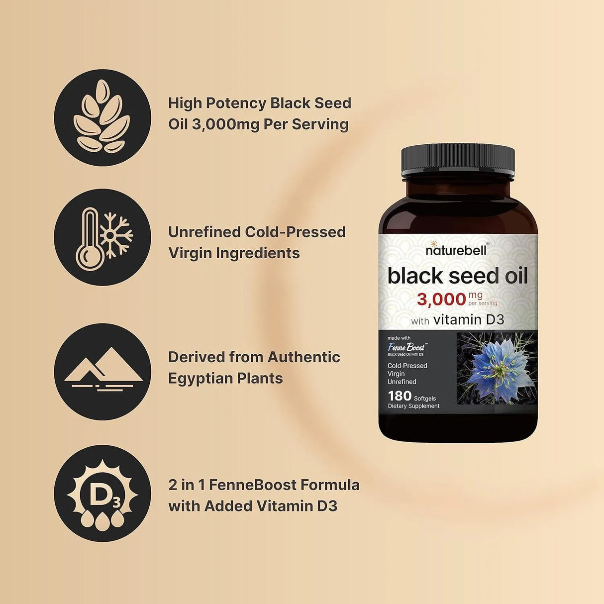 NATUREBELL - NatureBell Cold Pressed Black Seed Oil 3,000Mg. 180 Capsulas Blandas - The Red Vitamin MX - Suplementos Alimenticios - {{ shop.shopifyCountryName }}