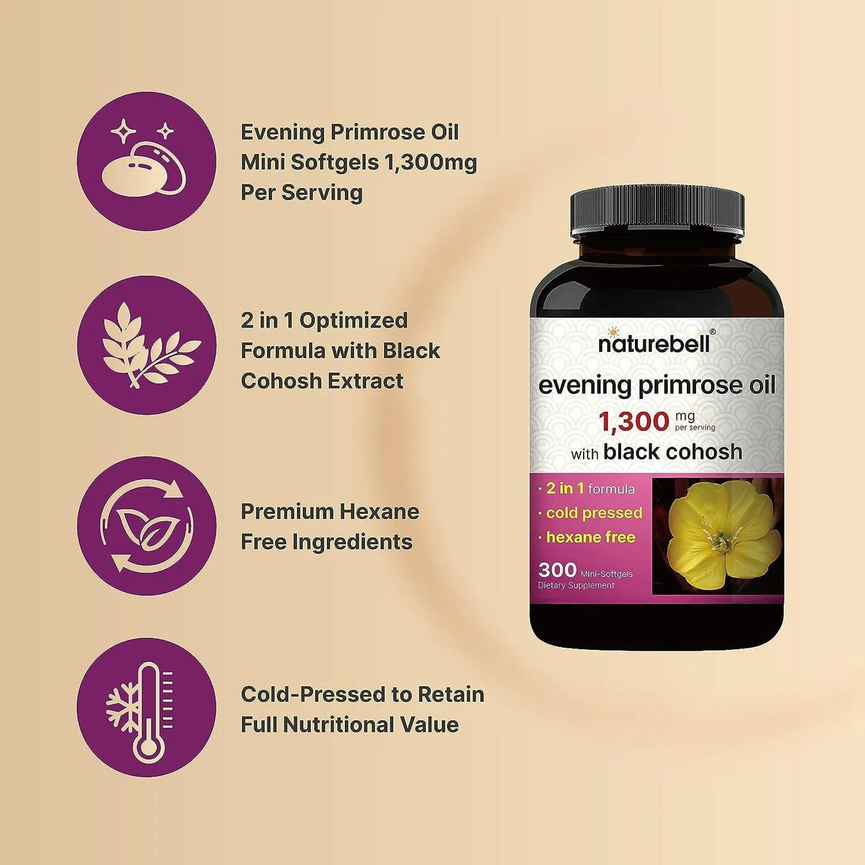 NATUREBELL - NatureBell Evening Primrose Oil with Black Cohosh 1,300Mg. 300 Mini Capsulas Blandas - The Red Vitamin MX - Suplementos Alimenticios - {{ shop.shopifyCountryName }}