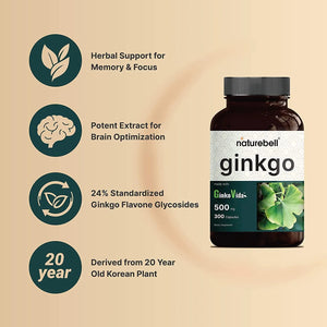 NATUREBELL - Naturebell Ginkgo Biloba Extract 500Mg. 300 Capsulas - The Red Vitamin MX - Suplementos Alimenticios - {{ shop.shopifyCountryName }}