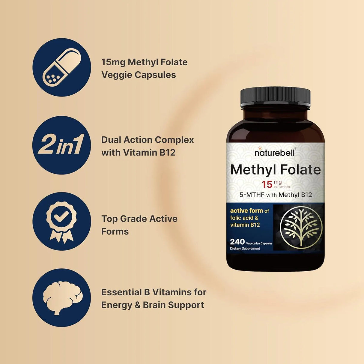 NATUREBELL - NatureBell L Methylfolate 15Mg. 240 Capsulas - The Red Vitamin MX - Suplementos Alimenticios - {{ shop.shopifyCountryName }}