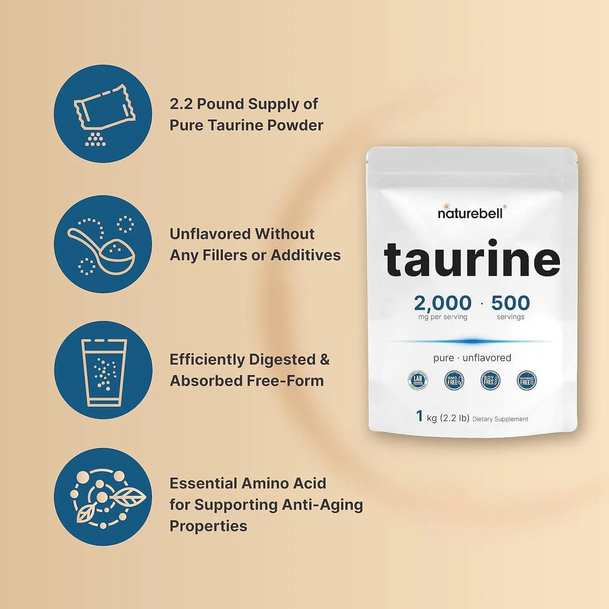 NATUREBELL - NatureBell Pure Taurine Powder 2000Mg. 1 Kg. - The Red Vitamin MX - Suplementos Alimenticios - {{ shop.shopifyCountryName }}