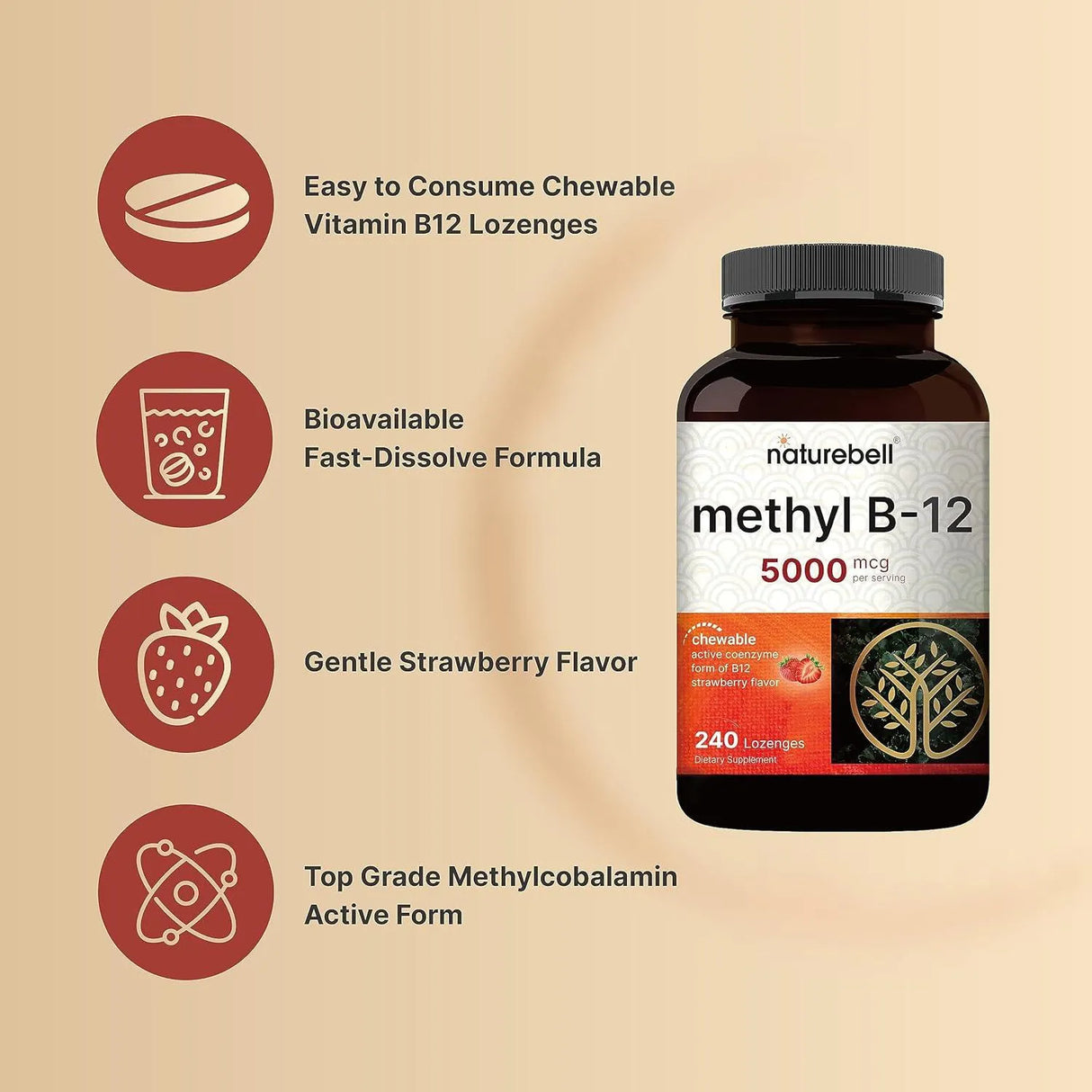 NATUREBELL - NatureBell Ultra Strength Vitamin B12 Methylcobalamin 5000mcg 240 Tabletas - The Red Vitamin MX - Suplementos Alimenticios - {{ shop.shopifyCountryName }}