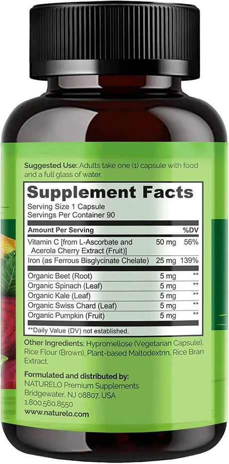 NATURELO - NATURELO Vegan Iron Supplement with Vitamin C and Organic Whole Foods 90 Capsulas - The Red Vitamin MX - Suplementos Alimenticios - {{ shop.shopifyCountryName }}