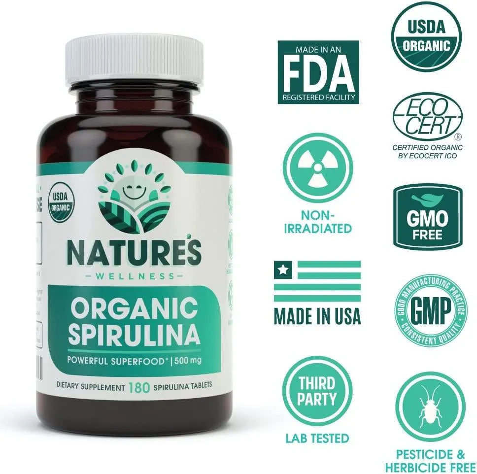 NATURES WELLNESS - Natures Wellness Organic Spirulina 180 Tabletas - The Red Vitamin MX - Suplementos Alimenticios - {{ shop.shopifyCountryName }}