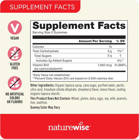 NATUREWISE - NatureWise Vitamin B12 1,000mcg trawberry Lemon Flavored Gummies 180 Gomitas - The Red Vitamin MX - Suplementos Alimenticios - {{ shop.shopifyCountryName }}