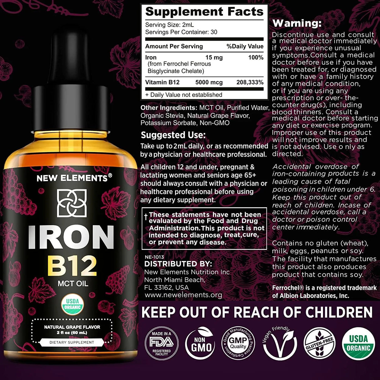 NEW ELEMENTS - New Elements Liquid Iron Supplement 60Ml. - The Red Vitamin MX - Suplementos Alimenticios - {{ shop.shopifyCountryName }}