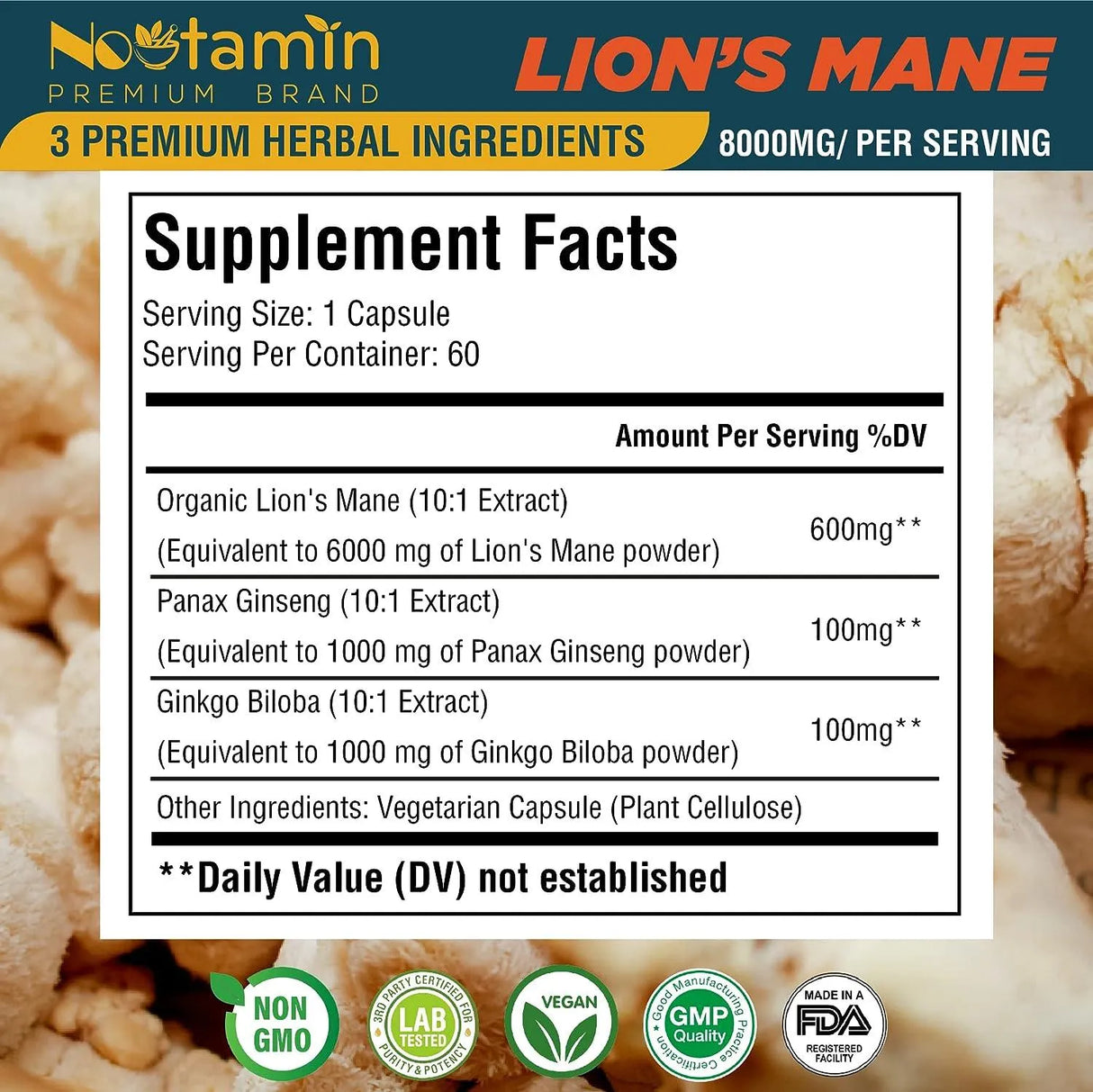 NOOTAMIN - Nootamin Lions Mane Mushroom Capsules 8000Mg. 60 Capsulas - The Red Vitamin MX - Suplementos Alimenticios - {{ shop.shopifyCountryName }}