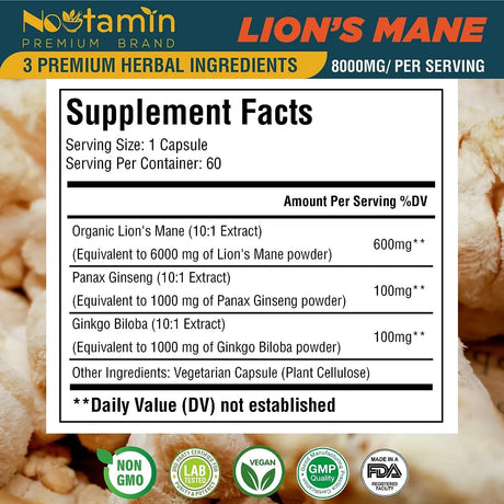 NOOTAMIN - Nootamin Lions Mane Mushroom Capsules 8000Mg. 60 Capsulas - The Red Vitamin MX - Suplementos Alimenticios - {{ shop.shopifyCountryName }}