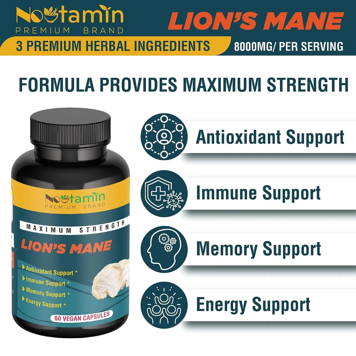 NOOTAMIN - Nootamin Lions Mane Mushroom Capsules 8000Mg. 60 Capsulas - The Red Vitamin MX - Suplementos Alimenticios - {{ shop.shopifyCountryName }}