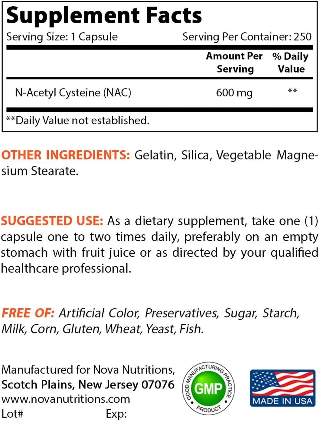 NOVA NUTRITIONS - Nova Nutritions N-Acetyl L-Cysteine NAC 600Mg. 250 Capsulas - The Red Vitamin MX - Suplementos Alimenticios - {{ shop.shopifyCountryName }}