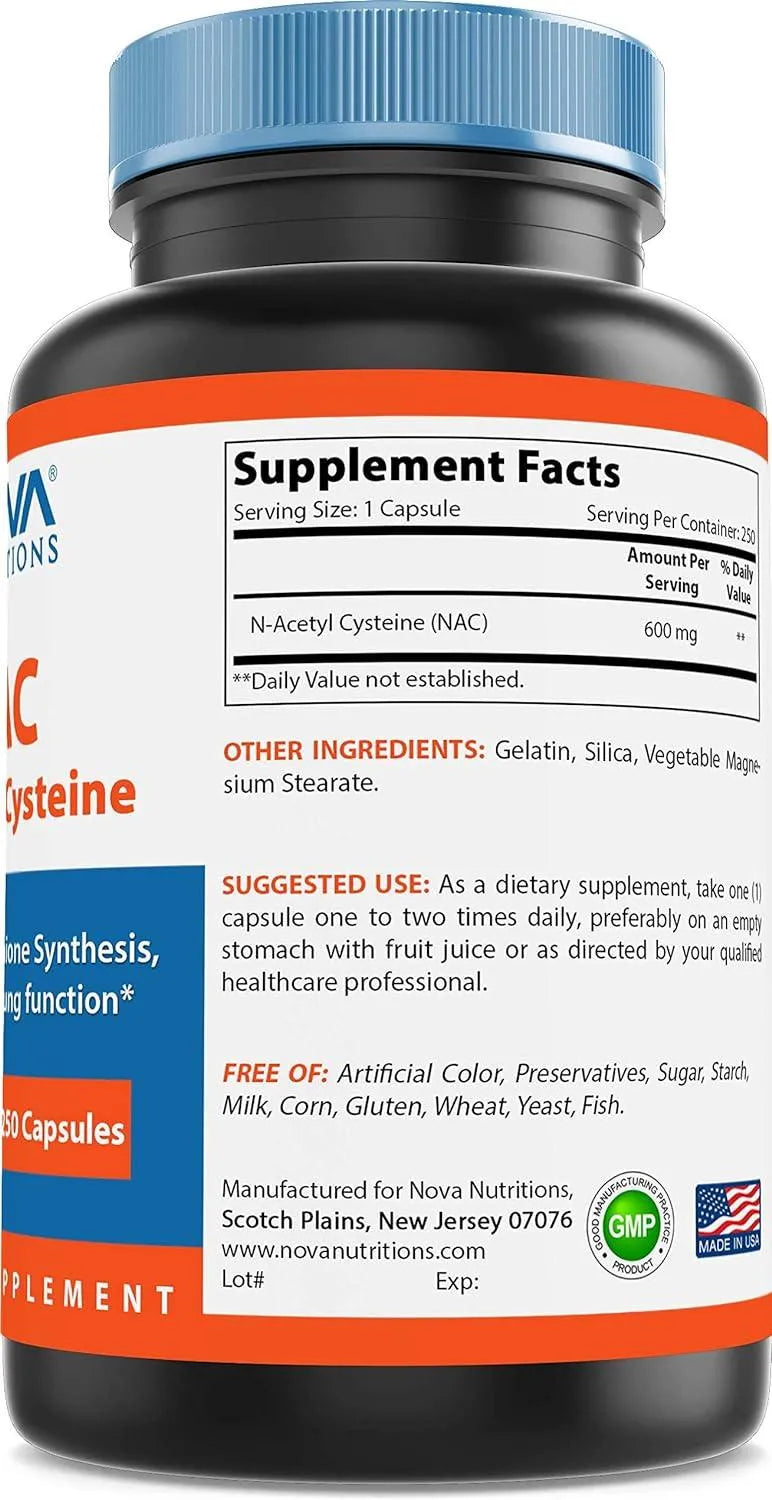 NOVA NUTRITIONS - Nova Nutritions N-Acetyl L-Cysteine NAC 600Mg. 250 Capsulas - The Red Vitamin MX - Suplementos Alimenticios - {{ shop.shopifyCountryName }}