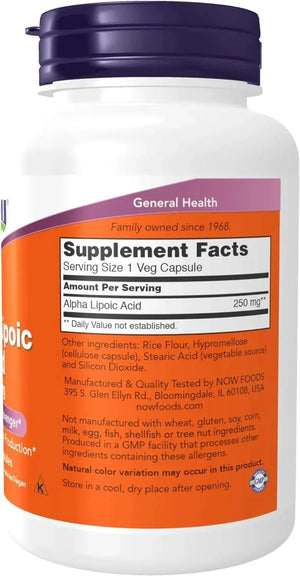 NOW SUPPLEMENTS - NOW Supplements Alpha Lipoic Acid 250Mg. 120 Capsulas - The Red Vitamin MX - Suplementos Alimenticios - {{ shop.shopifyCountryName }}