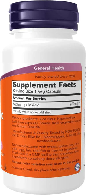 NOW SUPPLEMENTS - NOW Supplements Alpha Lipoic Acid 250Mg. 60 Capsulas - The Red Vitamin MX - Suplementos Alimenticios - {{ shop.shopifyCountryName }}