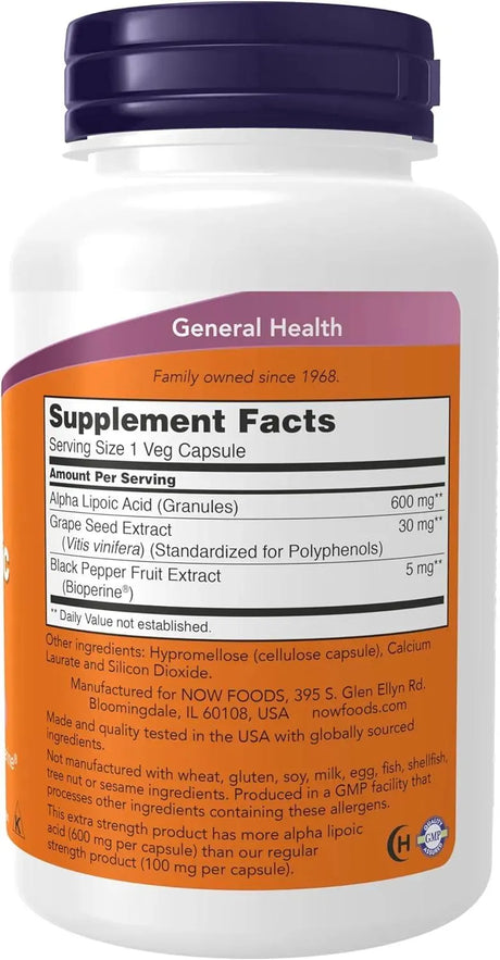 NOW SUPPLEMENTS - NOW Supplements Alpha Lipoic Acid 600Mg. 120 Capsulas - The Red Vitamin MX - Suplementos Alimenticios - {{ shop.shopifyCountryName }}