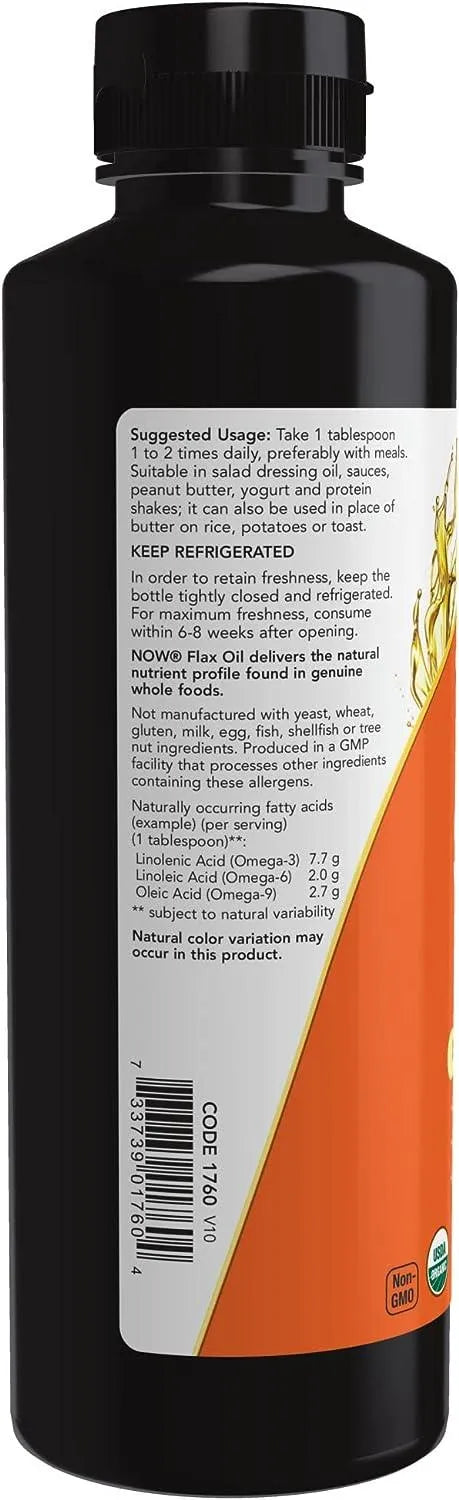 NOW SUPPLEMENTS - NOW Supplements Certified Organic Flax Seed Oil Liquid 355Ml. - The Red Vitamin MX - Suplementos Alimenticios - {{ shop.shopifyCountryName }}