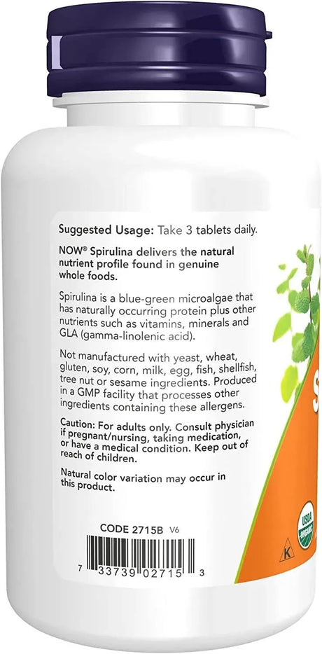 NOW SUPPLEMENTS - NOW Supplements, Certified Organic Spirulina 1000Mg. 120 Tabletas - The Red Vitamin MX - Suplementos Alimenticios - {{ shop.shopifyCountryName }}