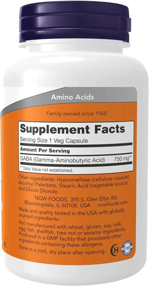 NOW SUPPLEMENTS - NOW Supplements GABA (Gamma-Aminobutyric Acid) 750Mg. 100 Capsulas - The Red Vitamin MX - Suplementos Alimenticios - {{ shop.shopifyCountryName }}