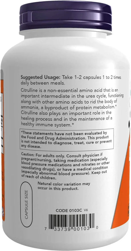 NOW SUPPLEMENTS - NOW Supplements L-Citrulline 750Mg. 180 Capsulas - The Red Vitamin MX - Suplementos Alimenticios - {{ shop.shopifyCountryName }}
