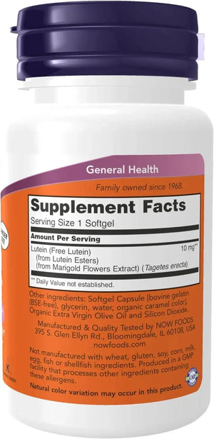 NOW SUPPLEMENTS - NOW Supplements Lutein 10Mg. 120 Capsulas Blandas - The Red Vitamin MX - Suplementos Alimenticios - {{ shop.shopifyCountryName }}