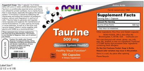 NOW SUPPLEMENTS - NOW Supplements Taurine 500Mg. 100 Capsulas 2 Pack - The Red Vitamin MX - Suplementos Alimenticios - {{ shop.shopifyCountryName }}