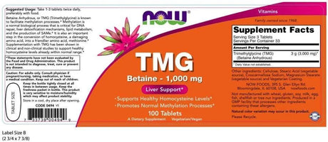 NOW SUPPLEMENTS - NOW Supplements TMG 1000Mg. 100 Tabletas - The Red Vitamin MX - Suplementos Alimenticios - {{ shop.shopifyCountryName }}