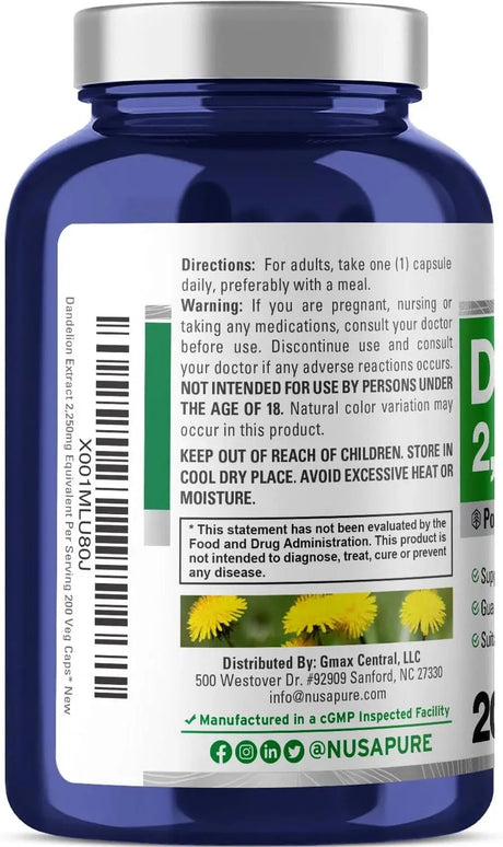 NUSAPURE - NusaPure Dandelion Root Extract 2,250Mg. 200 Capsulas - The Red Vitamin MX - Suplementos Alimenticios - {{ shop.shopifyCountryName }}