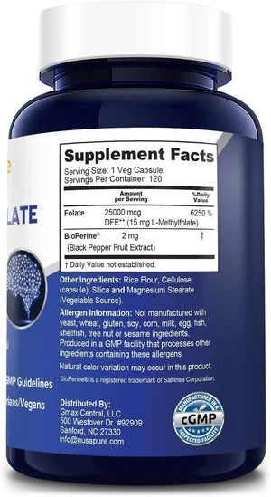 NUSAPURE - NusaPure L Methylfolate 15Mg. 120 Capsulas - The Red Vitamin MX - Suplementos Alimenticios - {{ shop.shopifyCountryName }}