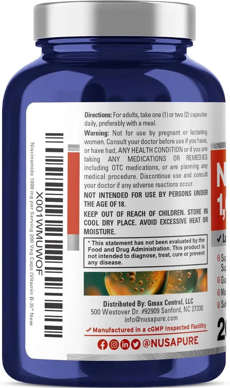 NUSAPURE - NusaPure Niacinamide 1000Mg. 200 Capsulas - The Red Vitamin MX - Suplementos Alimenticios - {{ shop.shopifyCountryName }}