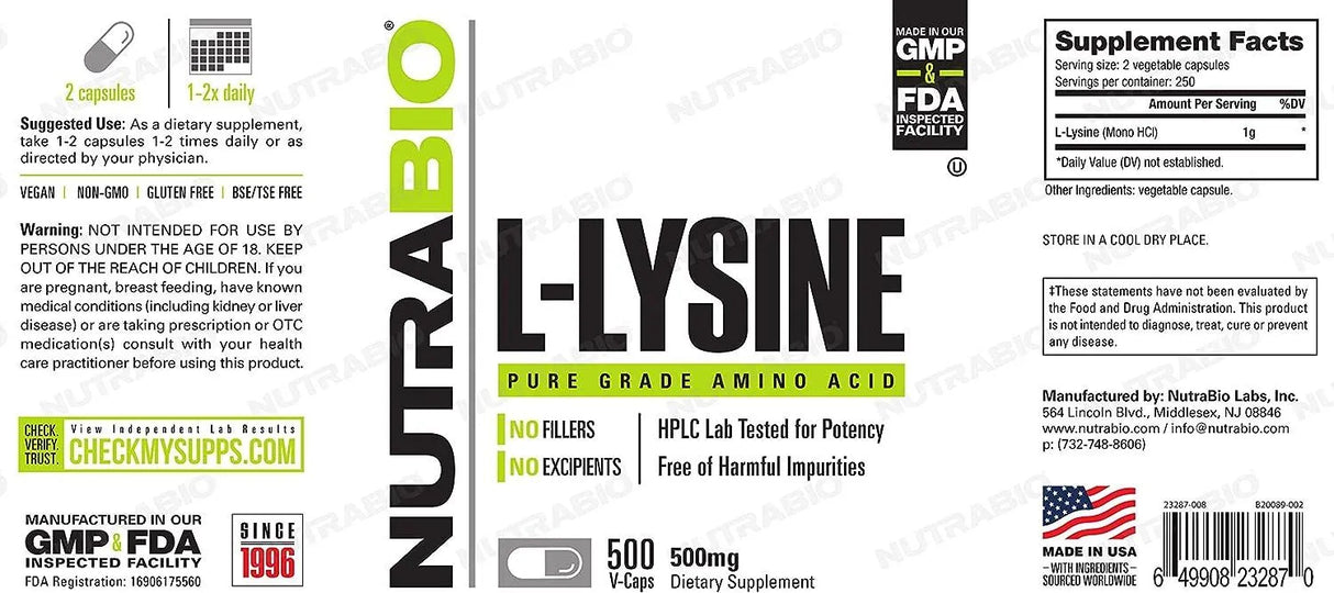 NUTRABIO - NutraBio L-Lysine 500Mg. 500 Capsulas - The Red Vitamin MX - Suplementos Alimenticios - {{ shop.shopifyCountryName }}