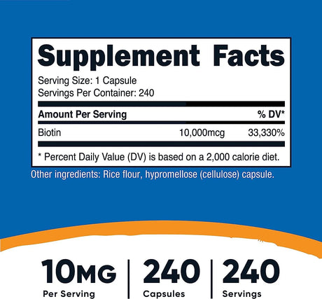 NUTRICOST - Nutricost Biotin 10,000 mcg 240 Capsulas - The Red Vitamin MX - Suplementos Alimenticios - {{ shop.shopifyCountryName }}