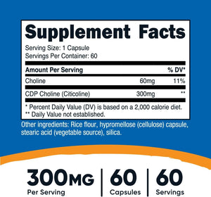 NUTRICOST - Nutricost CDP Choline (Citicoline) 300Mg. 60 Capsulas - The Red Vitamin MX - Suplementos Alimenticios - {{ shop.shopifyCountryName }}