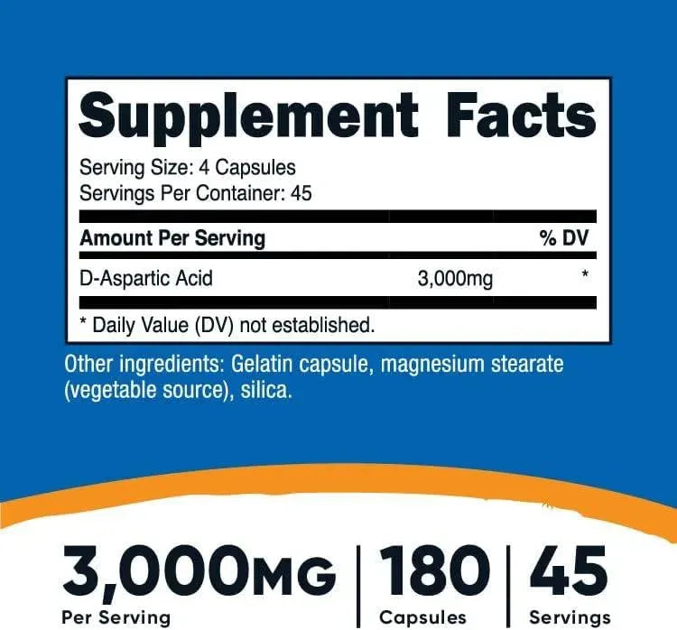 NUTRICOST - Nutricost D-Aspartic Acid (DAA) 3000Mg. 180 Capsulas 2 Pack - The Red Vitamin MX - Suplementos Alimenticios - {{ shop.shopifyCountryName }}