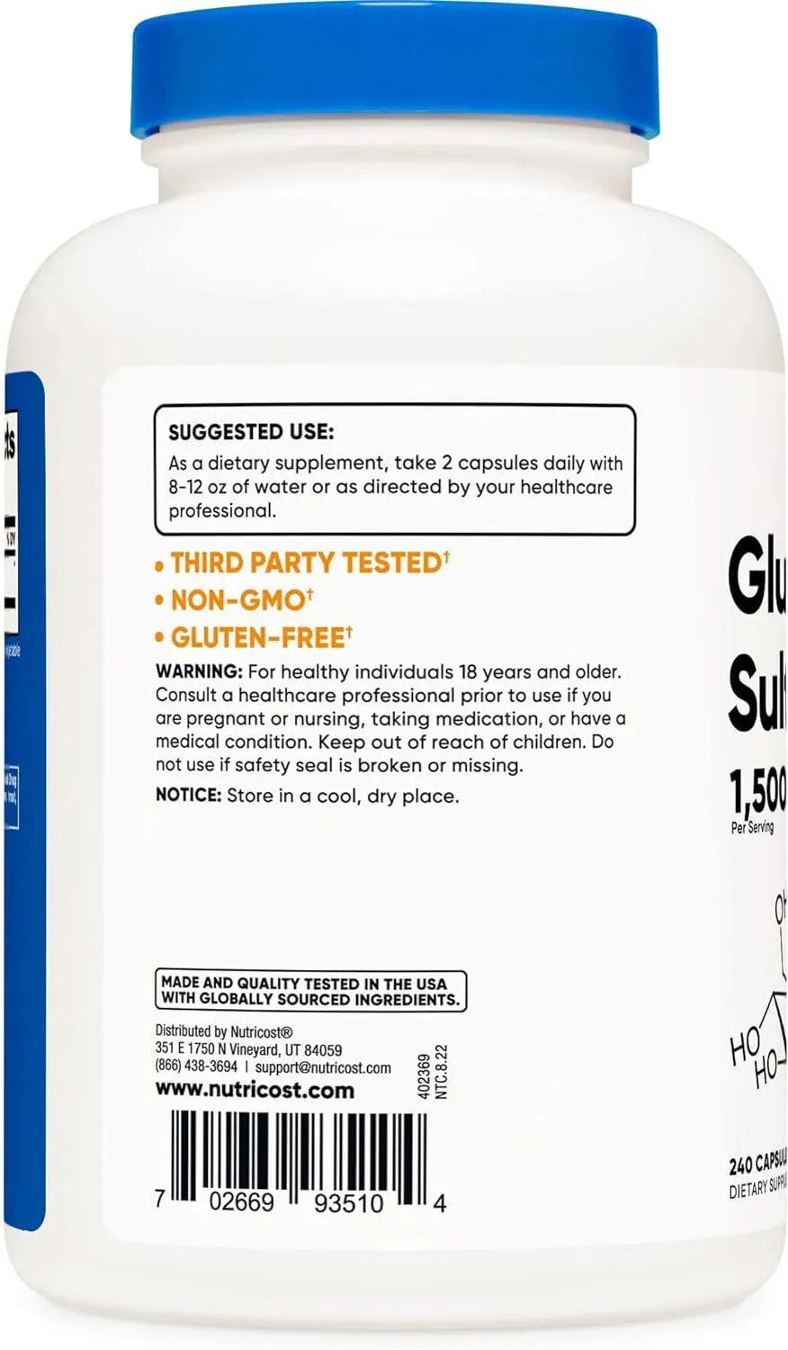 NUTRICOST - Nutricost Glucosamine Sulfate 750Mg. 240 Capsulas - The Red Vitamin MX - Suplementos Alimenticios - {{ shop.shopifyCountryName }}