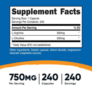 NUTRICOST - Nutricost L-Arginine L-Citrulline Complex 750Mg. 240 Capsulas 2 Pack - The Red Vitamin MX - Suplementos Alimenticios - {{ shop.shopifyCountryName }}