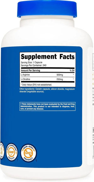 NUTRICOST - Nutricost L-Arginine L-Citrulline Complex 750Mg. 240 Capsulas 2 Pack - The Red Vitamin MX - Suplementos Alimenticios - {{ shop.shopifyCountryName }}