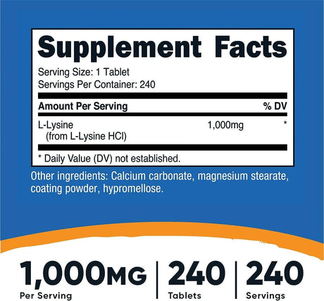 NUTRICOST - Nutricost L-Lysine 1000Mg. 240 Tabletas - The Red Vitamin MX - Suplementos Alimenticios - {{ shop.shopifyCountryName }}