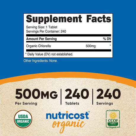 NUTRICOST - Nutricost Organic Chlorella 500Mg. 240 Tabletas - The Red Vitamin MX - Suplementos Alimenticios - {{ shop.shopifyCountryName }}