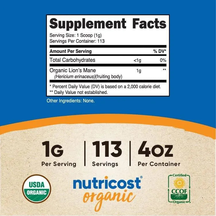 NUTRICOST - Nutricost Organic Lion's Mane Mushroom Powder 113 Servicios 113Gr. - The Red Vitamin MX - Suplementos Alimenticios - {{ shop.shopifyCountryName }}