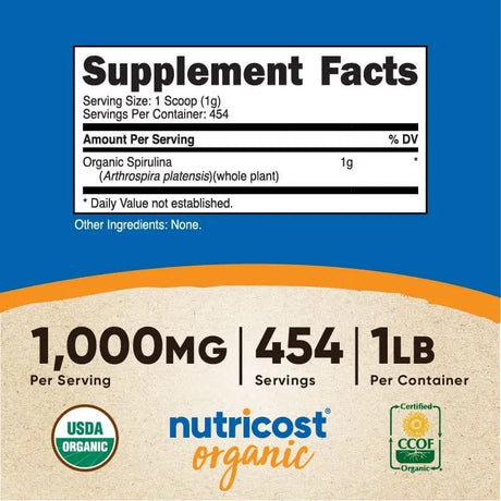 NUTRICOST - Nutricost Organic Spirulina Powder 454Gr. 454 Servicios. - The Red Vitamin MX - Suplementos Alimenticios - {{ shop.shopifyCountryName }}