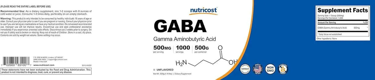 NUTRICOST - Nutricost Pure GABA Powder 1000 Servicios 500Gr. - The Red Vitamin MX - Suplementos Alimenticios - {{ shop.shopifyCountryName }}