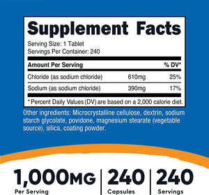 NUTRICOST - Nutricost Sodium Chloride 1000Mg. Salt Tablets 240 Tabletas - The Red Vitamin MX - Suplementos Alimenticios - {{ shop.shopifyCountryName }}