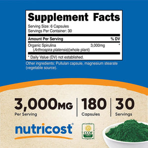 NUTRICOST - Nutricost Spirulina 3,000Mg 180 Capsulas - The Red Vitamin MX - Suplementos Alimenticios - {{ shop.shopifyCountryName }}