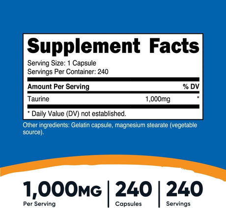 NUTRICOST - Nutricost Taurine 1000Mg. 240 Capsulas - The Red Vitamin MX - Suplementos Alimenticios - {{ shop.shopifyCountryName }}