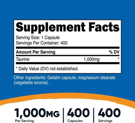 NUTRICOST - Nutricost Taurine 1000Mg. 400 Capsulas 3 Pack - The Red Vitamin MX - Suplementos Alimenticios - {{ shop.shopifyCountryName }}