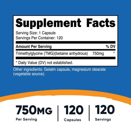 NUTRICOST - Nutricost TMG (Trimethylglycine) 750Mg. 120 Capsulas - The Red Vitamin MX - Suplementos Alimenticios - {{ shop.shopifyCountryName }}