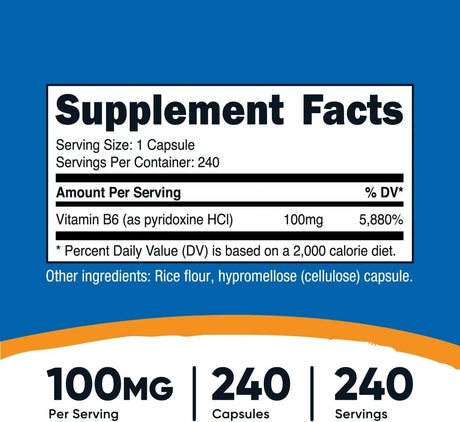 NUTRICOST - Nutricost Vitamin B6 100Mg. 240 Capsulas 2 Pack - The Red Vitamin MX - Suplementos Alimenticios - {{ shop.shopifyCountryName }}
